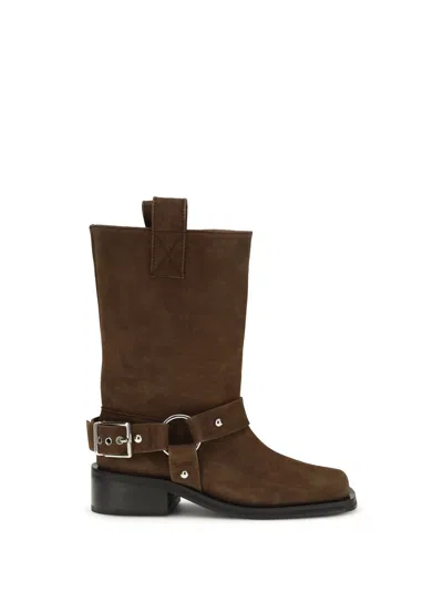 Ganni Suede Biker Boots In Brown