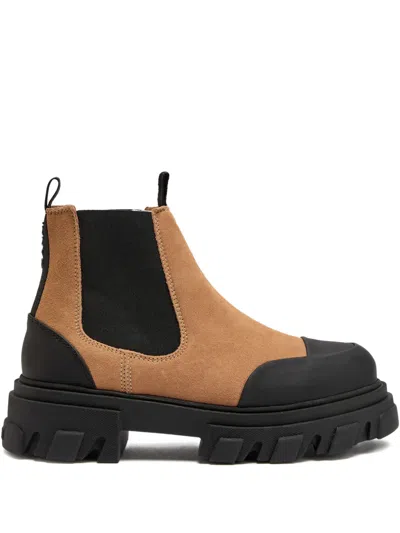 Ganni Cleated Low Chelsea Boots Suede Cognac In Brown