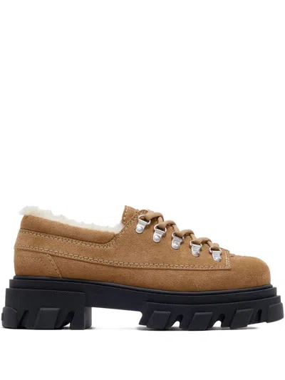 Ganni Suede Lace-up Shearling-lined Derby Flat In Brown