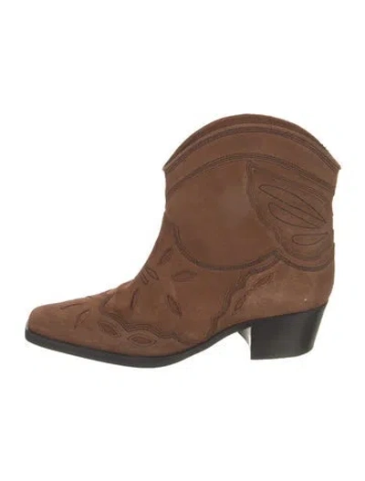 Pre-owned Ganni Suede Lasercut Accents Western Boots In Brown