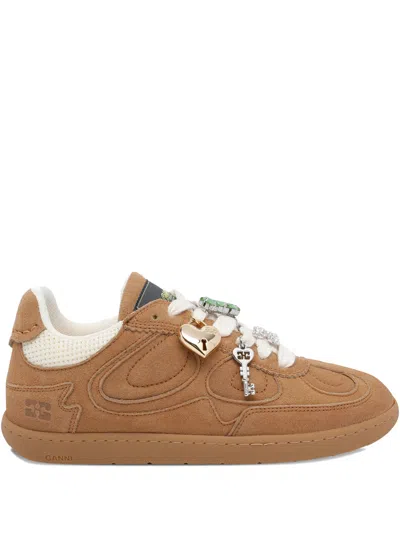 Ganni Suede Leather Sneakers With Logo Detail And Lace-up Closure In Brown