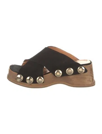 Pre-owned Ganni Suede Studded Accents Slingback Sandals In Black