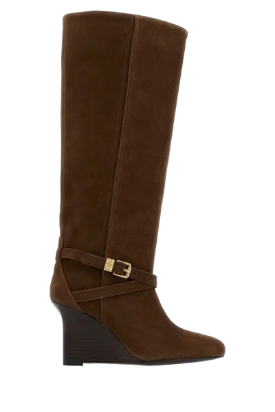 Ganni Suede Wedge Boot In Brown