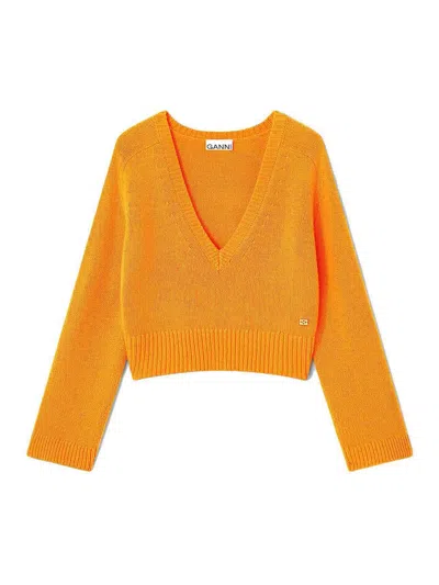 Ganni V-neck Sweater In Orange