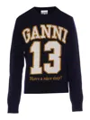 Ganni Women Logo Graphic Baseball Wool Mix Sweater In Blue
