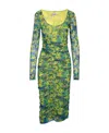 Ganni Ruched Printed Stretch-mesh Midi Dress In Green