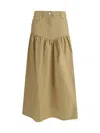 Ganni Womens Pale Khaki Summer Suiting Gathered Cotton And Linen Midi Skirt In Brown
