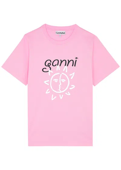 Ganni Sun-print Cotton T-shirt In Pink