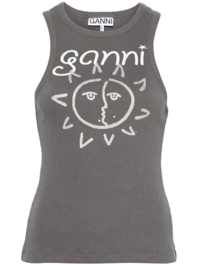 Ganni Graphic Rib Sun Tank Top In Grey