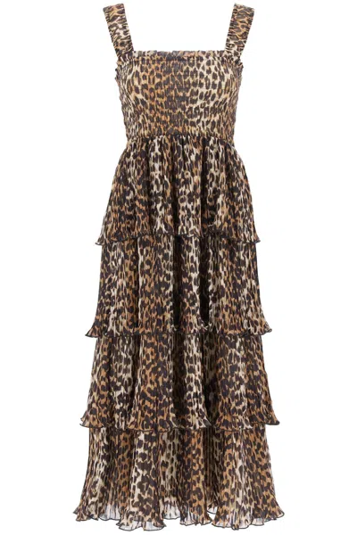 Ganni Sustainable Leopard Print Midi Dress In Brown