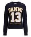Ganni Women Logo Graphic Baseball Wool Mix Sweater In Blue
