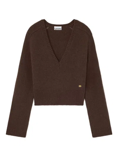 Ganni Chocolate V-neck Sweater In Brown