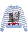 Ganni Light Blue Crewneck With Maxi Logo Print On The Front And All-over Striped Motif