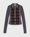 Ganni Women Grey Sweater With Classic Collar And Check Motif On The Front In Wool Woman In Gray