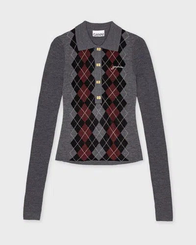 GANNI GANNI SWEATER FINE MERINO JACQUARD POLO