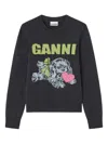 Ganni Playful Puppy Love Graphic Wool Blend Crewneck Sweater In Black