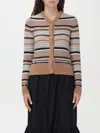 Ganni Multicolor Striped Cardigan With Logo Embroidery In Wool Woman In Brown