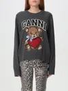 Ganni Wool Graphic Bear Crewneck Sweater In Grey
