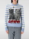 Ganni Light Blue Crewneck With Maxi Logo Print On The Front And All-over Striped Motif In Grau