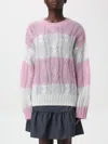 Ganni Striped Mohair Cable O-neck Sweater In Pink