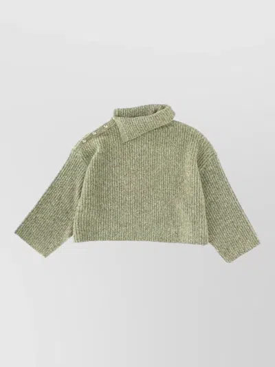 Ganni Sweater Side Buttons Asymmetric Neck Cropped In Green