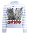 Ganni Light Blue Crewneck With Maxi Logo Print On The Front And All-over Striped Motif In White