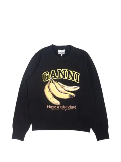 Ganni Organic Cotton Round Neck Sweater With Banana Graphic For Women In Black