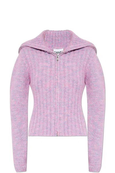 Ganni Womens Rose Violet High-neck Brushed-texture Knitted Cardigan In Pink