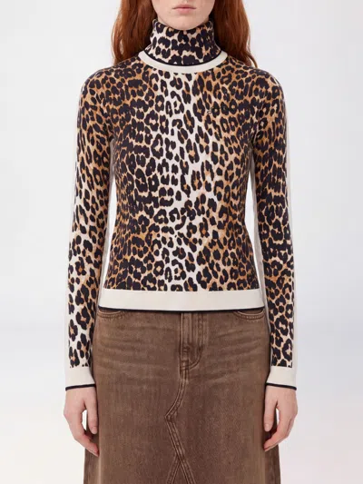 Ganni Sweater Woman Color Brown In Animal Print