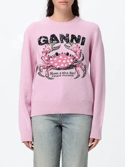 Ganni Recycled Wool-blend Crewneck Jumper With Graphic Print And Logo In Pink