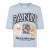 Ganni Light Blue Crewneck T-shirt With Maxi Logo Embroidery On The Front