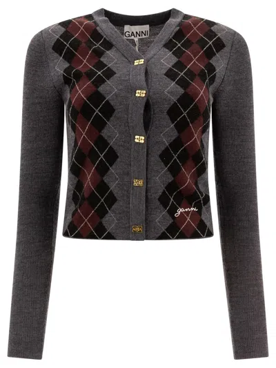 GANNI GREY CROPPED CARDIGAN WIH V NECK AND CHECKMOTIF ON THE FRONT IN WOOL WOMAN