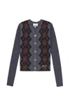Ganni Grey Sweater With Classic Collar And Check Motif On The Front In Wool Woman In Gray