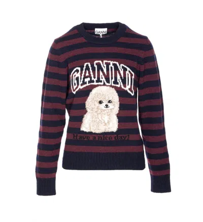 Ganni Multicolor Graphic Wool Mix Poodle Stripe Sweater In Brown