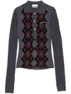 Ganni Grey Sweater With Classic Collar And Check Motif On The Front In Wool Woman In Gray