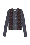 Ganni Grey Cropped Cardigan Wih V Neck And Checkmotif On The Front In Gray
