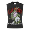 Ganni Floral Embroidered Wool Sleeveless Top In Black