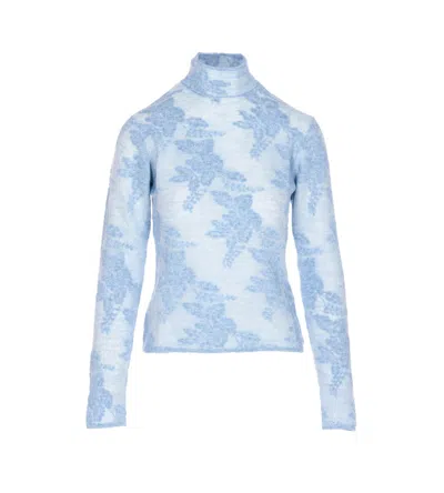 Ganni High Neck Floral Knitwear With Back Buttons In Blue