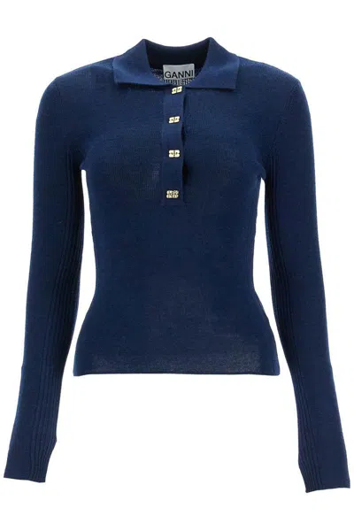 Ganni Long-sleeved Merino Wool Polo Shirt In Navy