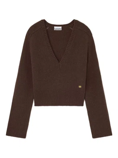 GANNI GANNI BROWN WOOL V-NECK SWEATER