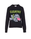 Ganni Playful Puppy Love Graphic Wool Blend Crewneck Sweater In Burgundy