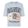 Ganni Light Blue Crewneck T-shirt With Maxi Logo Embroidery On The Front In Blue