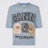 Ganni Light Blue Crewneck T-shirt With Maxi Logo Embroidery On The Front