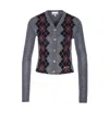 Ganni Grey Cropped Cardigan Wih V Neck And Checkmotif On The Front In Gray