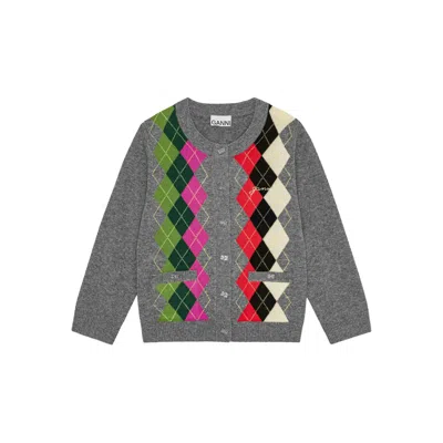 Ganni Argyle-pattern Logo-embroidered Cardigan In Multi
