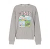 Ganni Oversized Sweatshirt With Playful Graphic Print In Grey