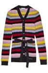 Ganni Multicoloured Striped Cardigan With Belt In Red