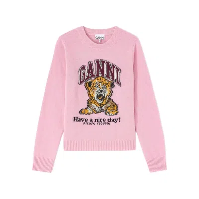 Ganni Graphic Print Long Sleeve Crew Neck Sweater In Pink