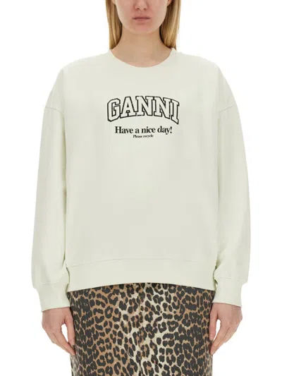 Ganni Logo-print Cotton Sweatshirt In Beige
