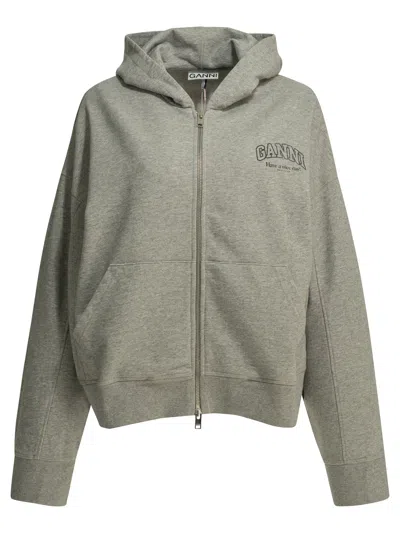 Ganni Sweatshirt With Zipper And Logo Sweatshirts Grey In Gray